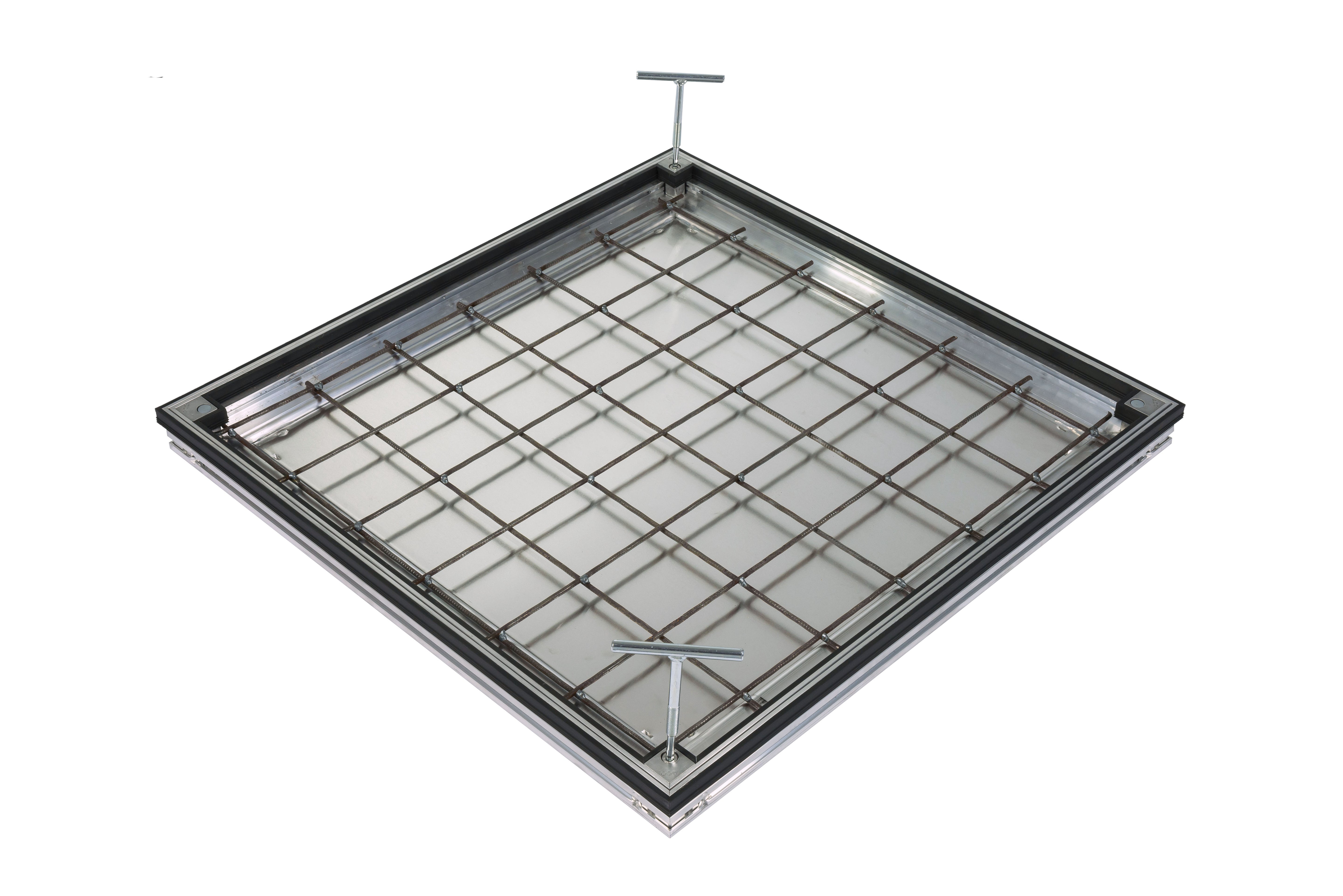 An overhead view of the ACO UniFace AL Shallow vinyl cover with two lifting keys inserted into the corner points.