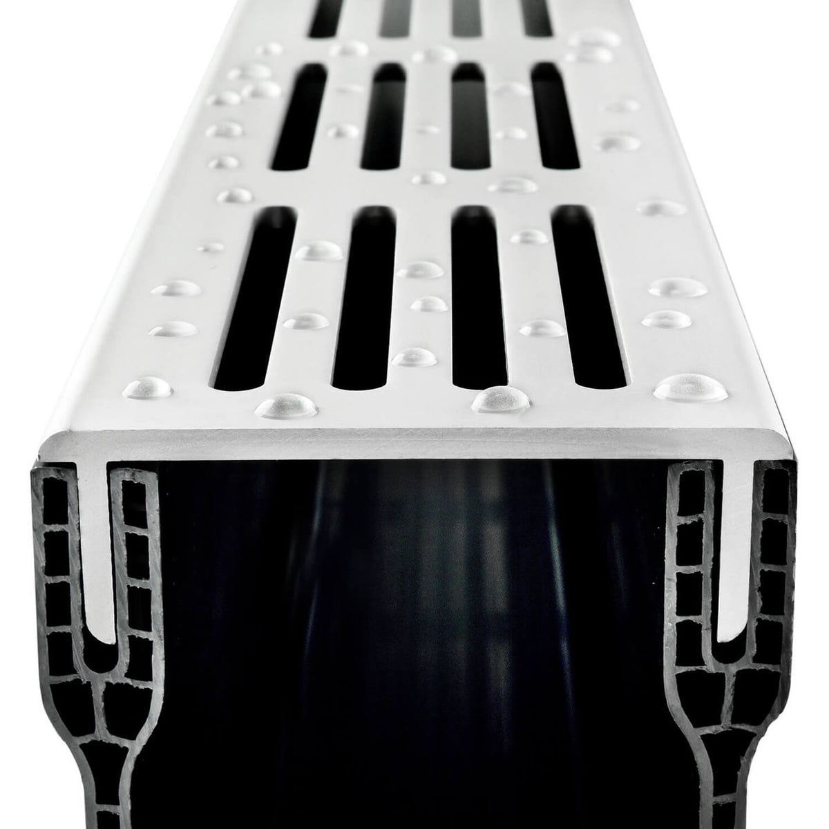 Metallic duct with black interior on a white background