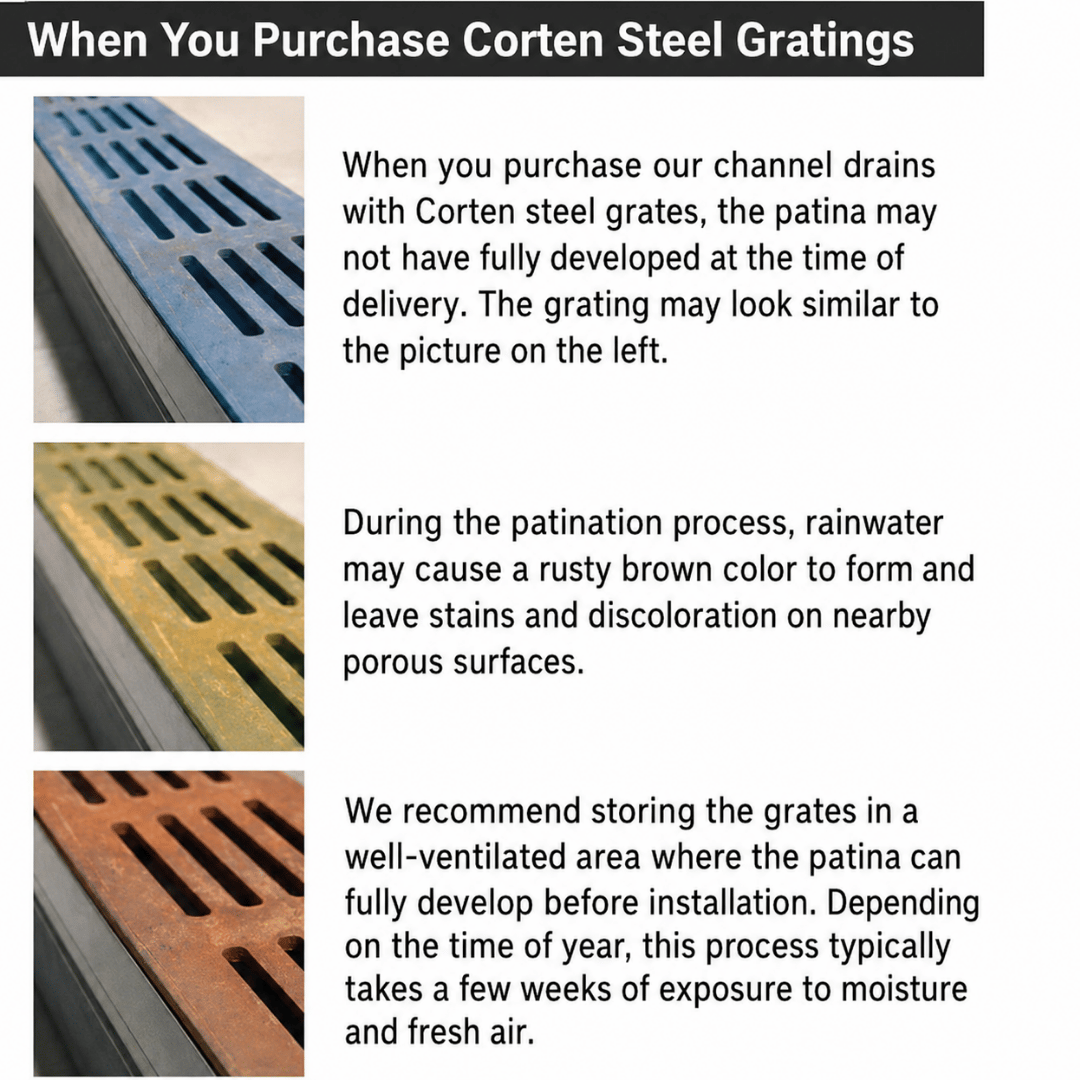 An informational graphic titled 'When You Purchase Corten Steel Grates' with three inset photos of metal drainage grates in different patina finishes and explanatory text about colour change during weathering.