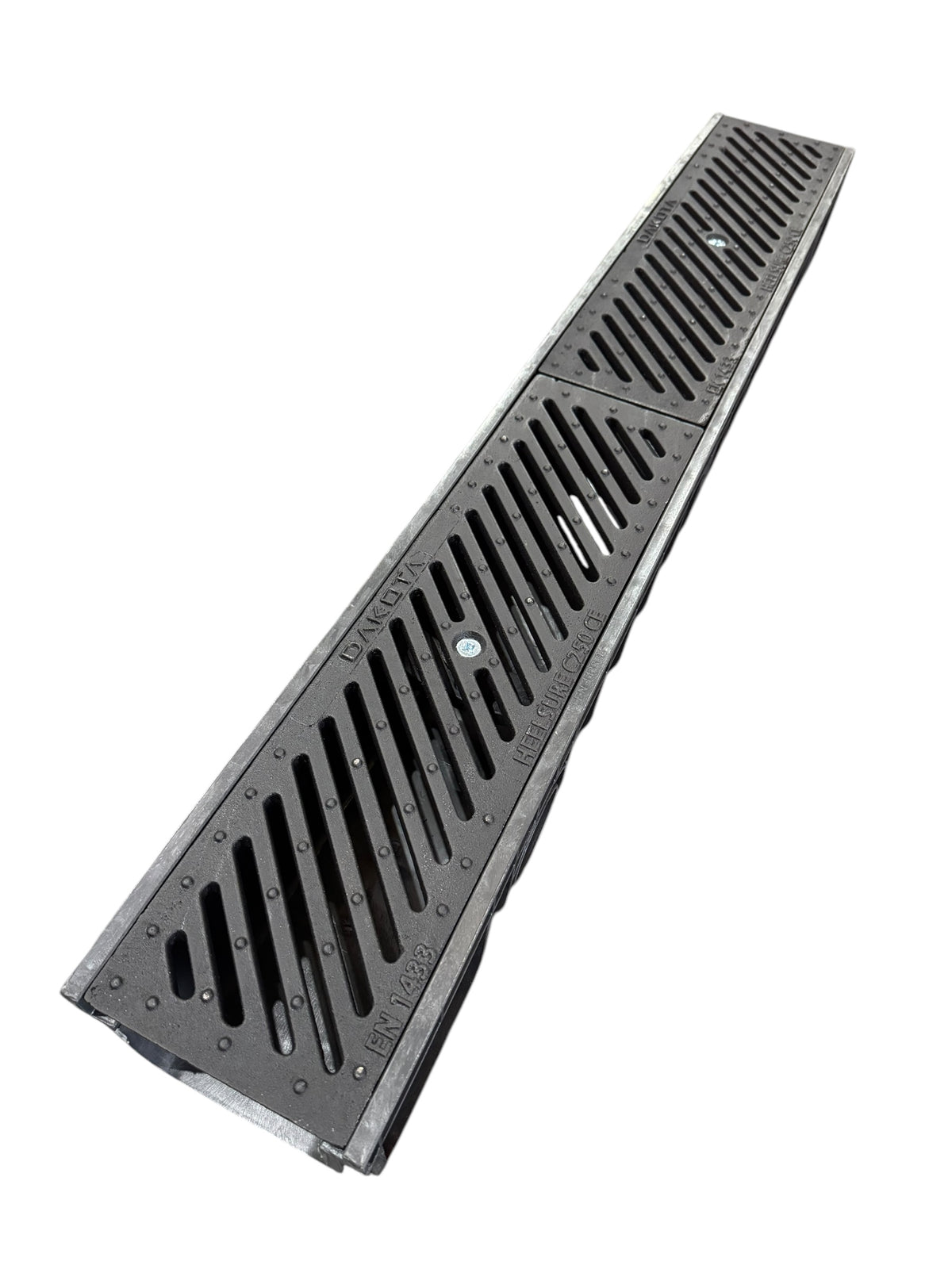 Black metal drain cover on a white background