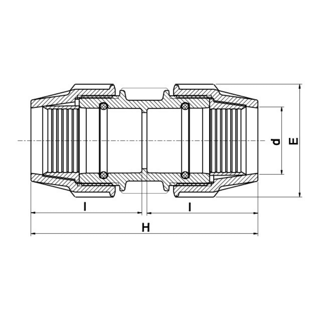 Black and white technical cross-section diagram of a pipe connector with dimension labels H, d, E, and l.