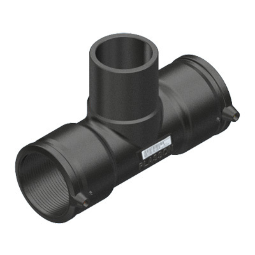 Black plastic pipe fitting on a white background