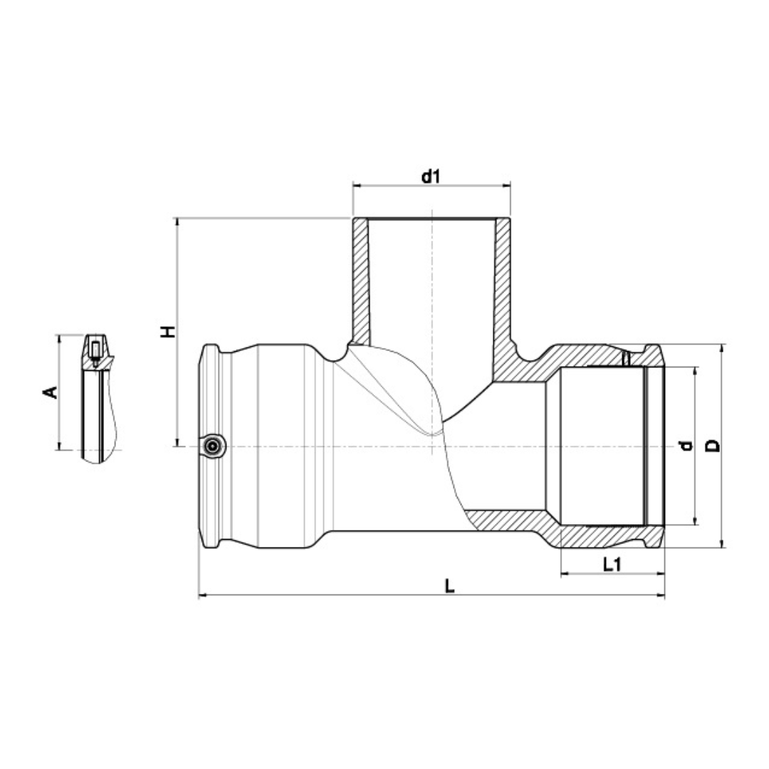 Technical dimension drawing of a metal pipe fitting with a side profile view, showing labelled dimensions such as d1, L, H, D, b, L1, and A on a white background.