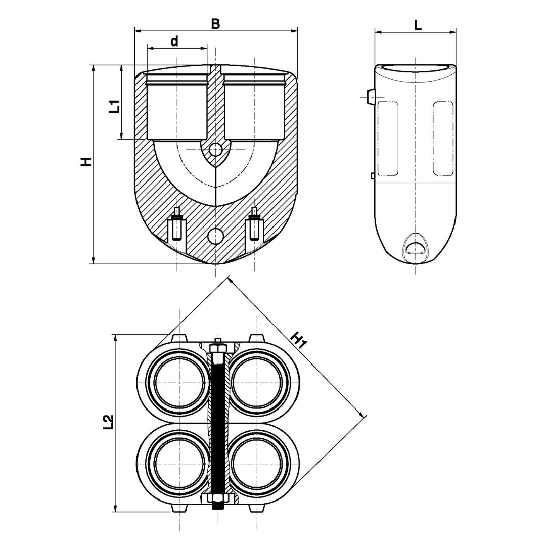 Technical dimension drawing of a marine electronic device, showing three orthographic views (front, side, and top-down) with labelled dimensions H, B, L, d, L1, L2, and H1 on a white background.