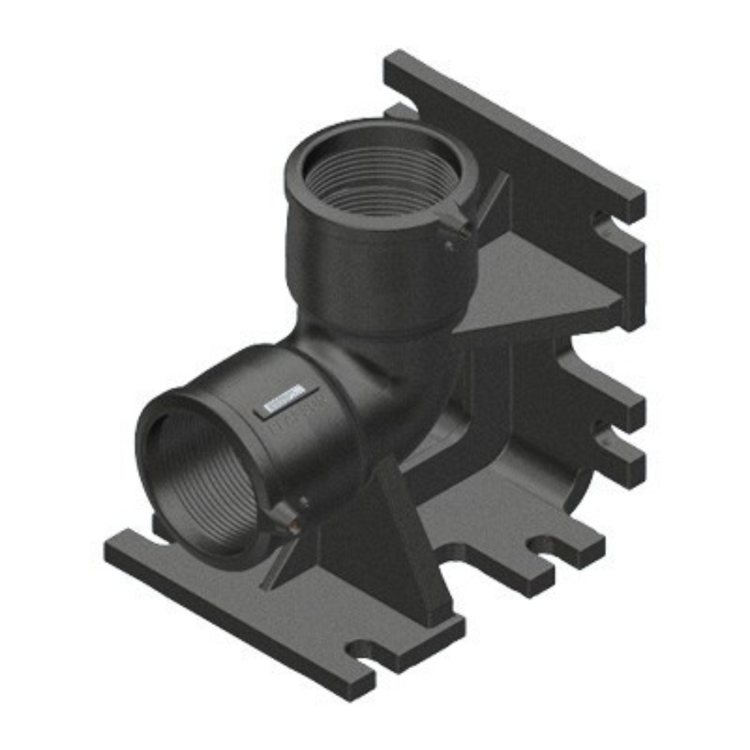 A black plumbing fitting, specifically a 90-degree elbow and a mounting bracket, shown on a plain white background.