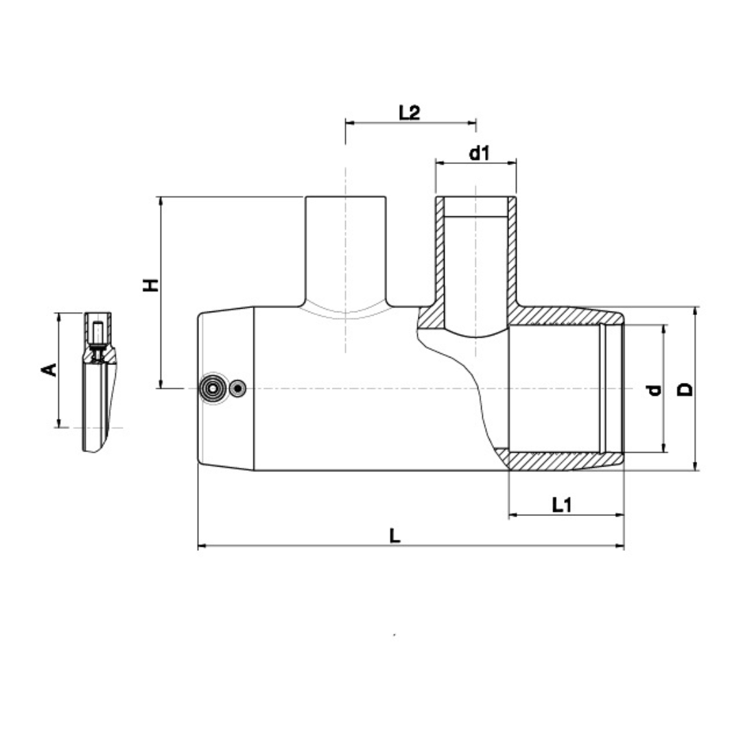 Technical dimension diagram of a pipe fitting with labelled measurements L, D, H, A, L1, L2, and d1 on a white background.