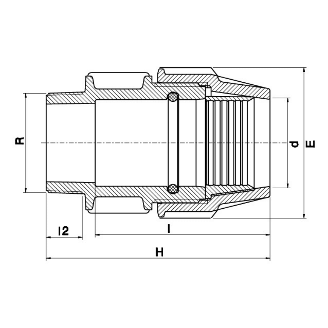 Technical cross-section dimension diagram of a hose connector with labeled dimensions R, l, d, E, H, and 12 on a white background.