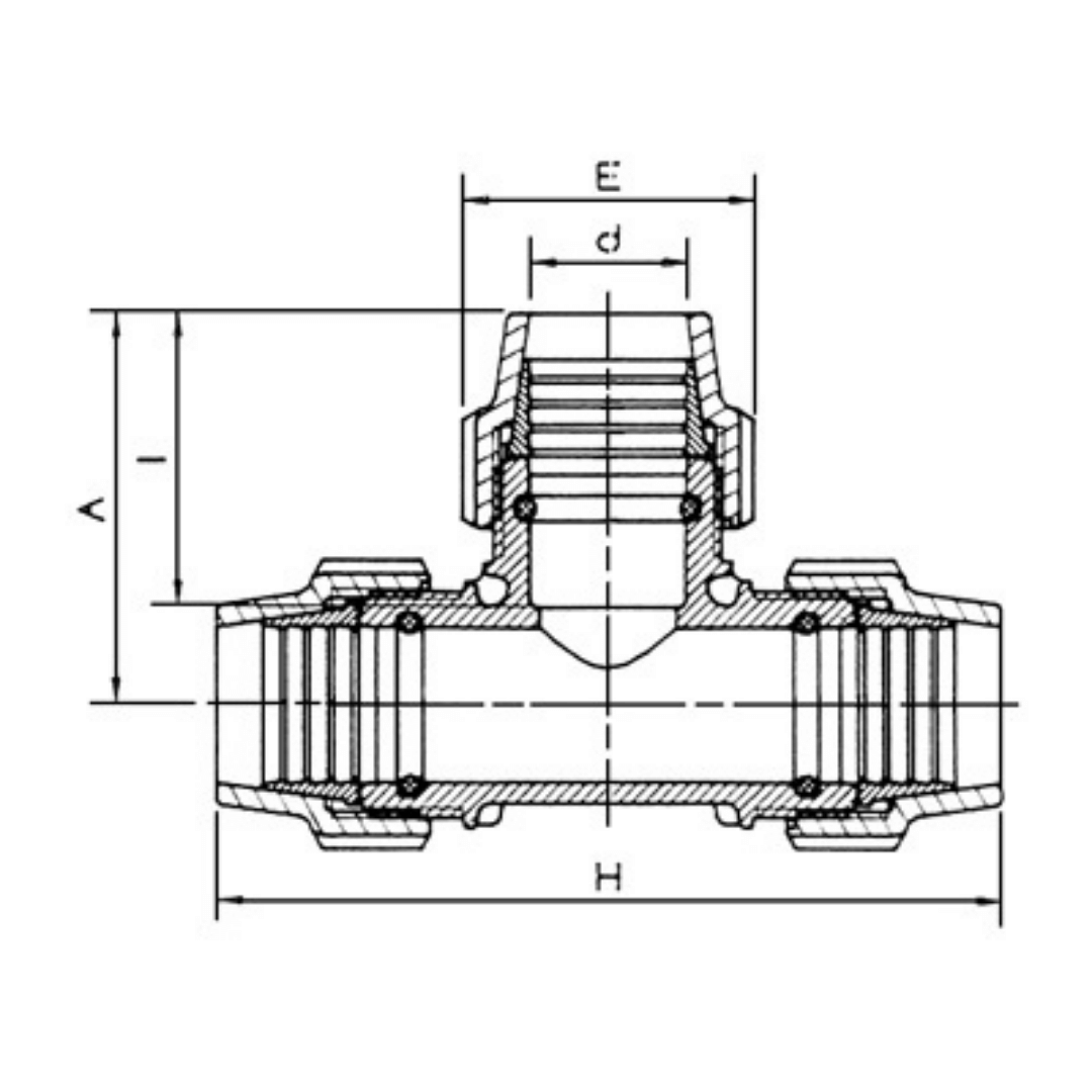 Technical cross-section diagram of a threaded pipe fitting with dimension labels A, d, E, H, and I on a white background.