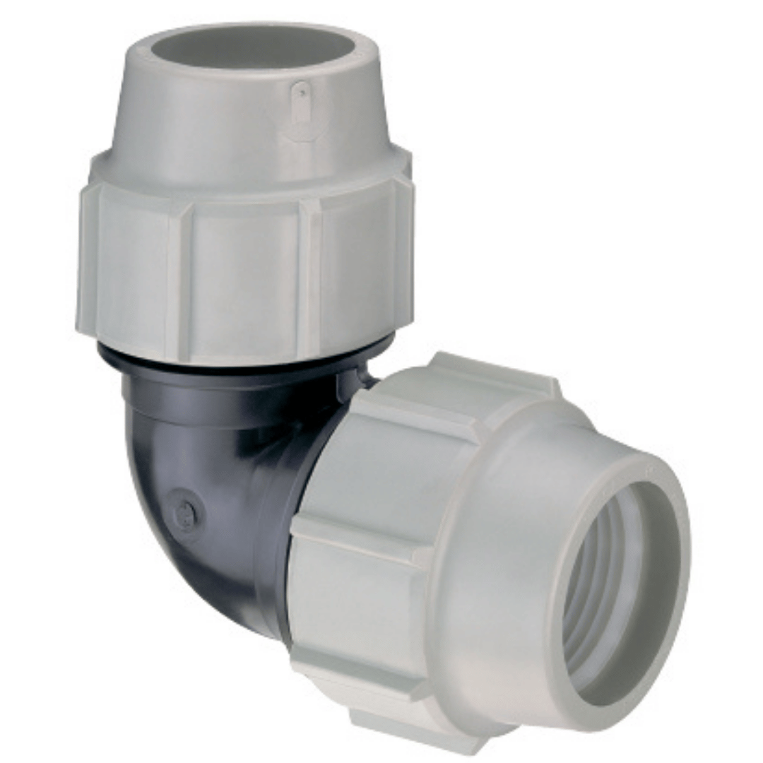 A white plastic elbow pipe connector with a threaded connection on one end and a ribbed coupling on the other, shown on a plain white background.