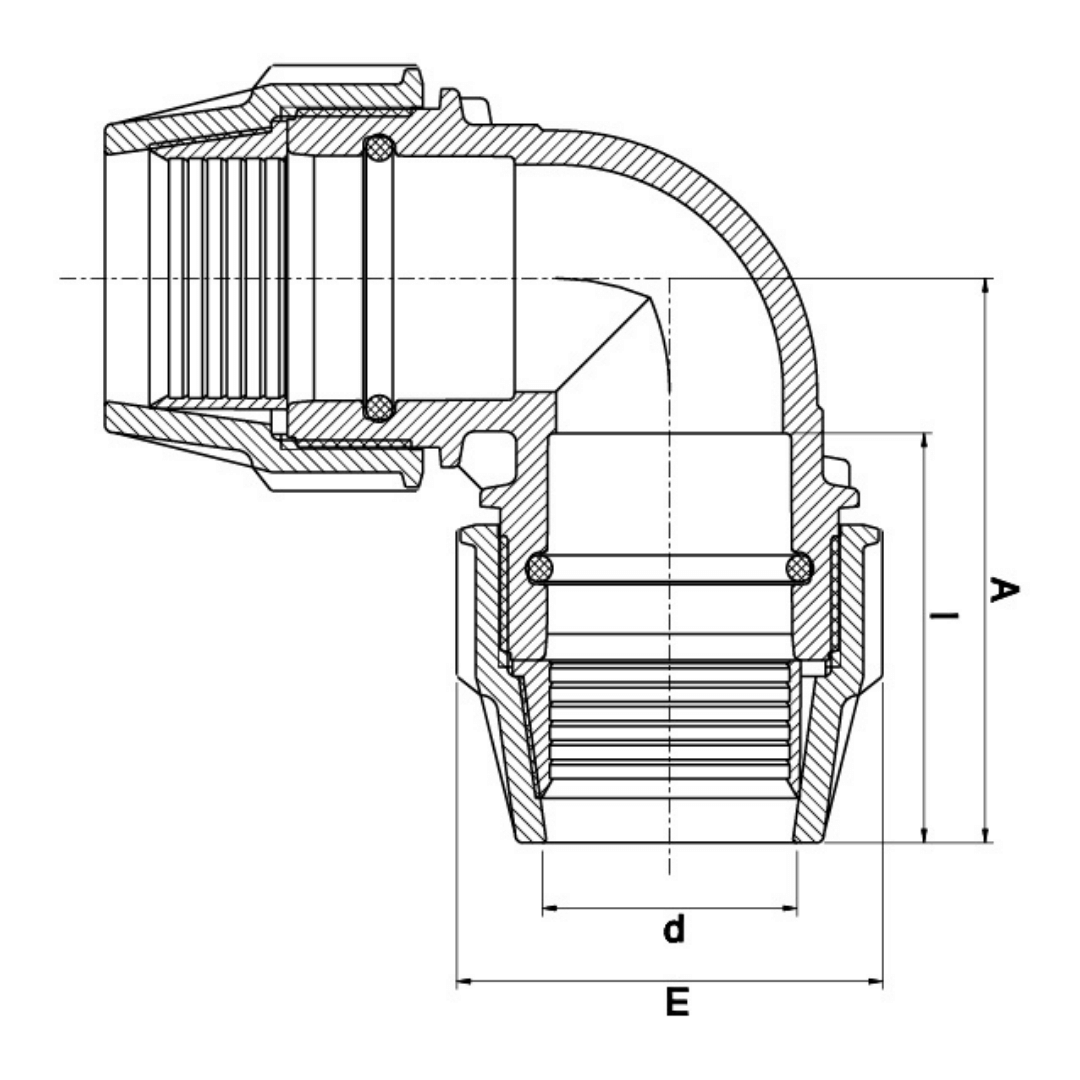 Technical line drawing of a plumbing fitting with dimension labels A, d, E, and I on a white background.