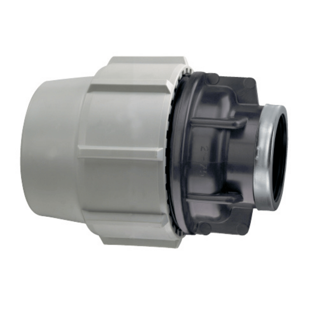 A plastic plumbing fitting with a black threaded section, shown on a plain white background.