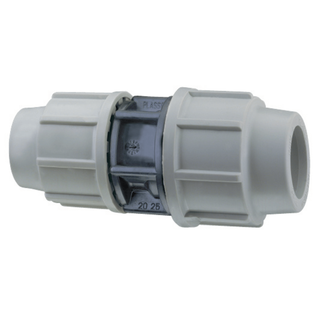 A plastic cross connector pipe fitting with ribbed ends and a central plastic collar, shown on a plain white background.