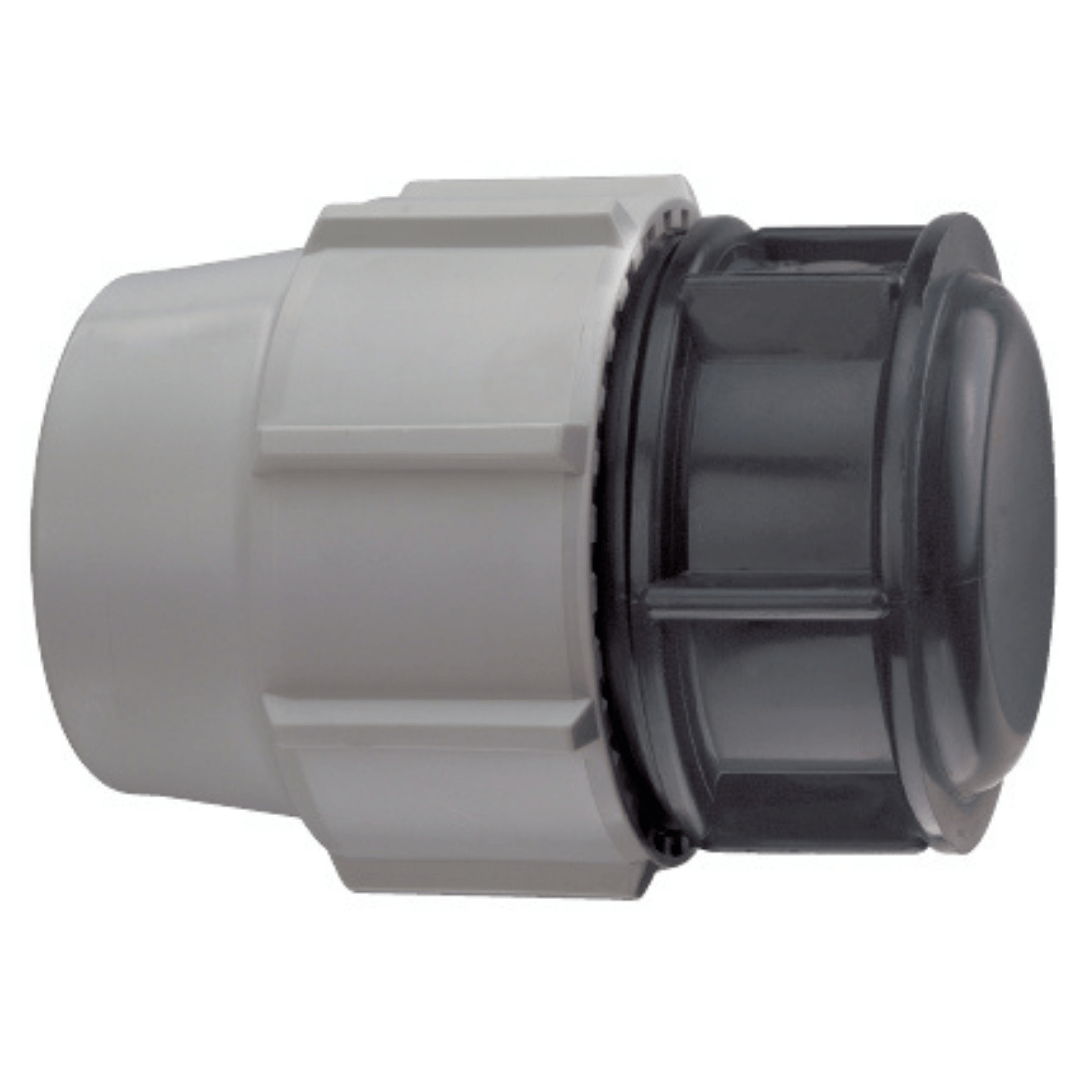 A plastic connector fitting with a white body and a black cap, shown on a plain white background.