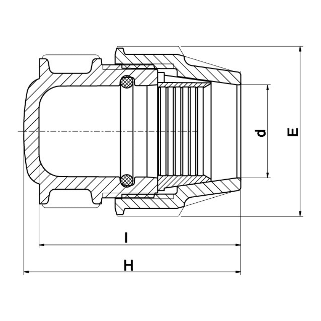 Black and white technical cross-section diagram of a threaded hose connector, showing dimension labels H, d, and E.