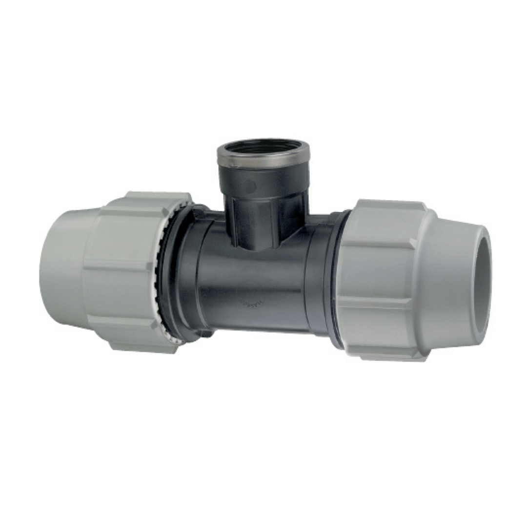 A black plastic T-joint pipe connector with white slip couplings on both ends, shown on a plain white background.