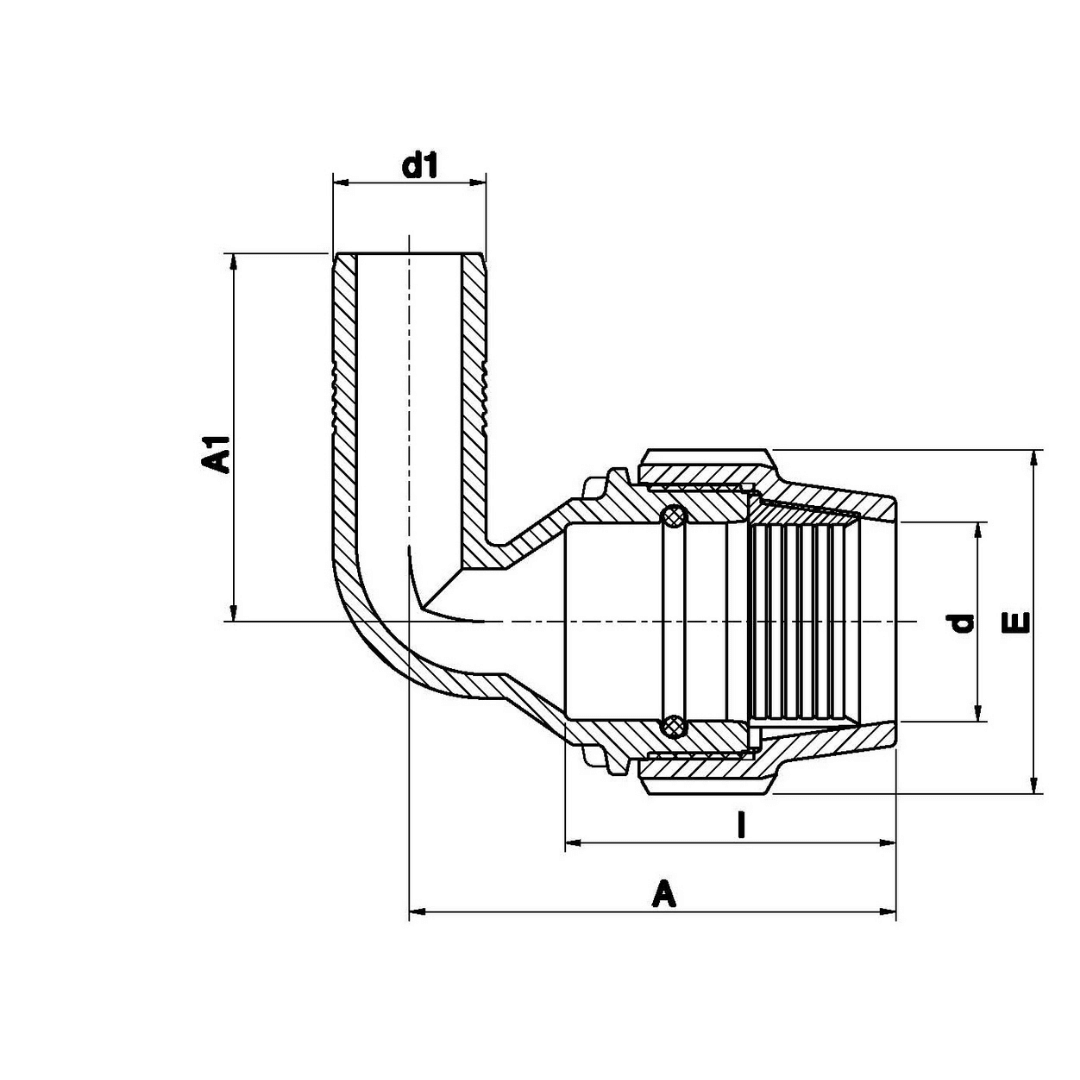 Technical cross-section diagram of a threaded pipe fitting with dimension labels A1, d1, d, E, A, and l on a white background.