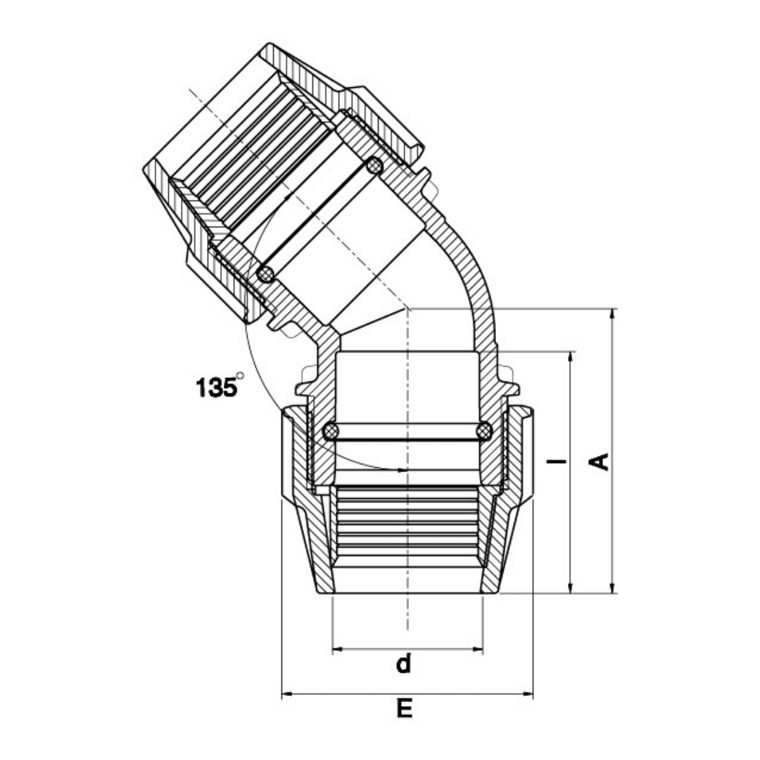 Technical line drawing of a 135-degree elbow pipe connector with dimension labels A, d, E, and 135 degrees on a white background.