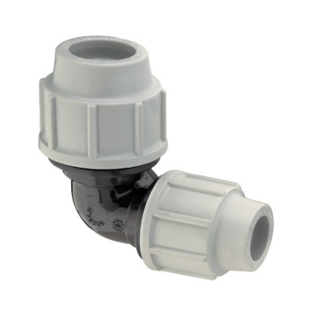 A white plastic elbow pipe connector with a black inner elbow section, shown on a plain white background.