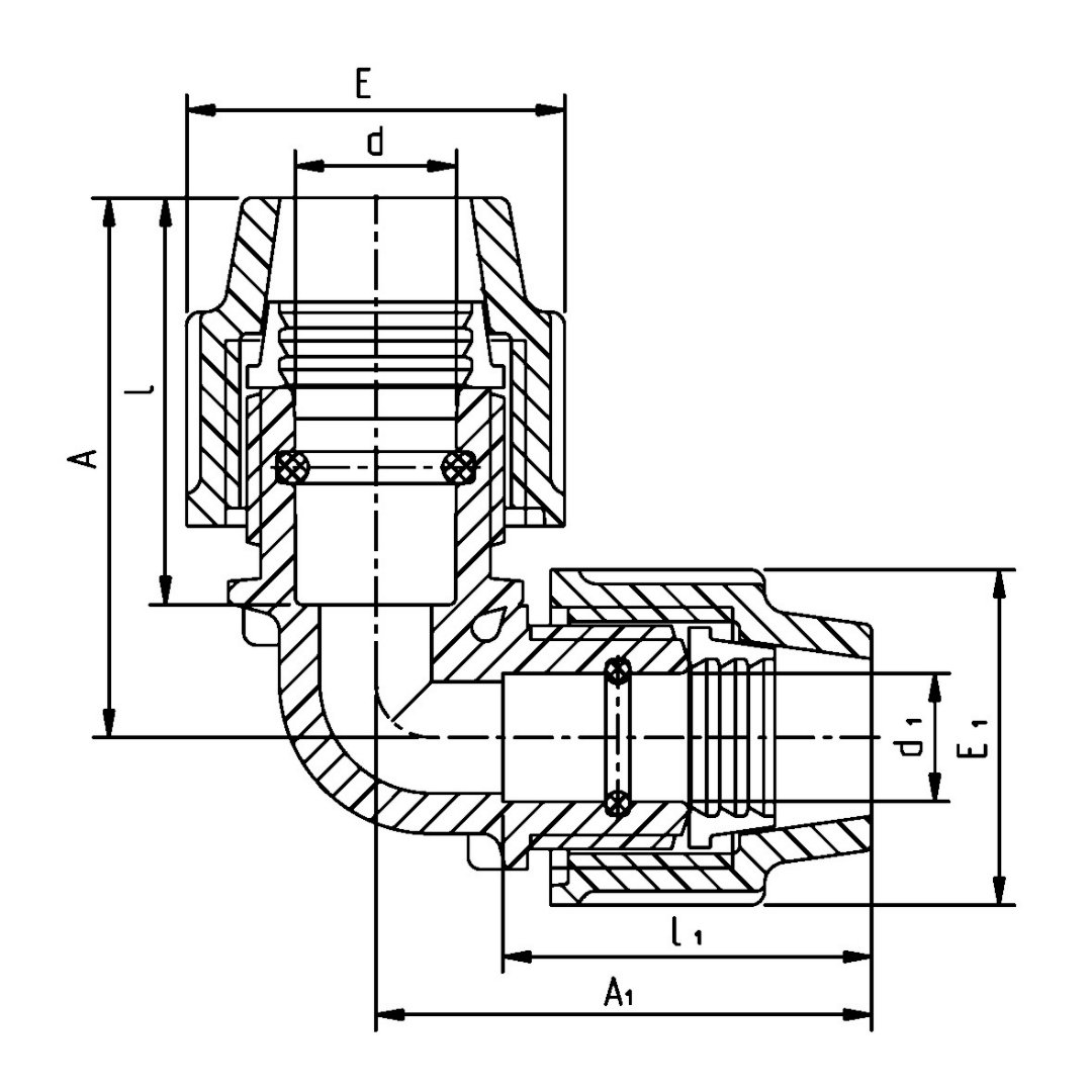 Technical drawing for the Plasson 7510 90° Reducing Elbow Compression Fitting