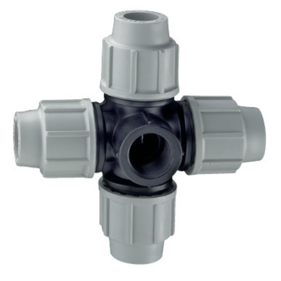 A plastic cross connector fitting with four arms, featuring a black center body and white threaded end caps, isolated on a white background.