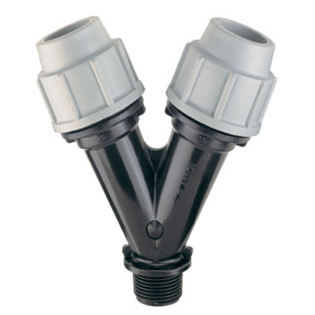 A black plastic Y-shaped pipe connector with two white threaded male connectors at the top, shown on a plain white background.