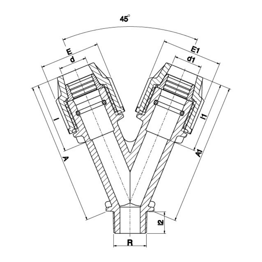 Technical line drawing of a Y-shaped mechanical fitting or connector with dimension labels and a 45-degree angle, shown on a white background.