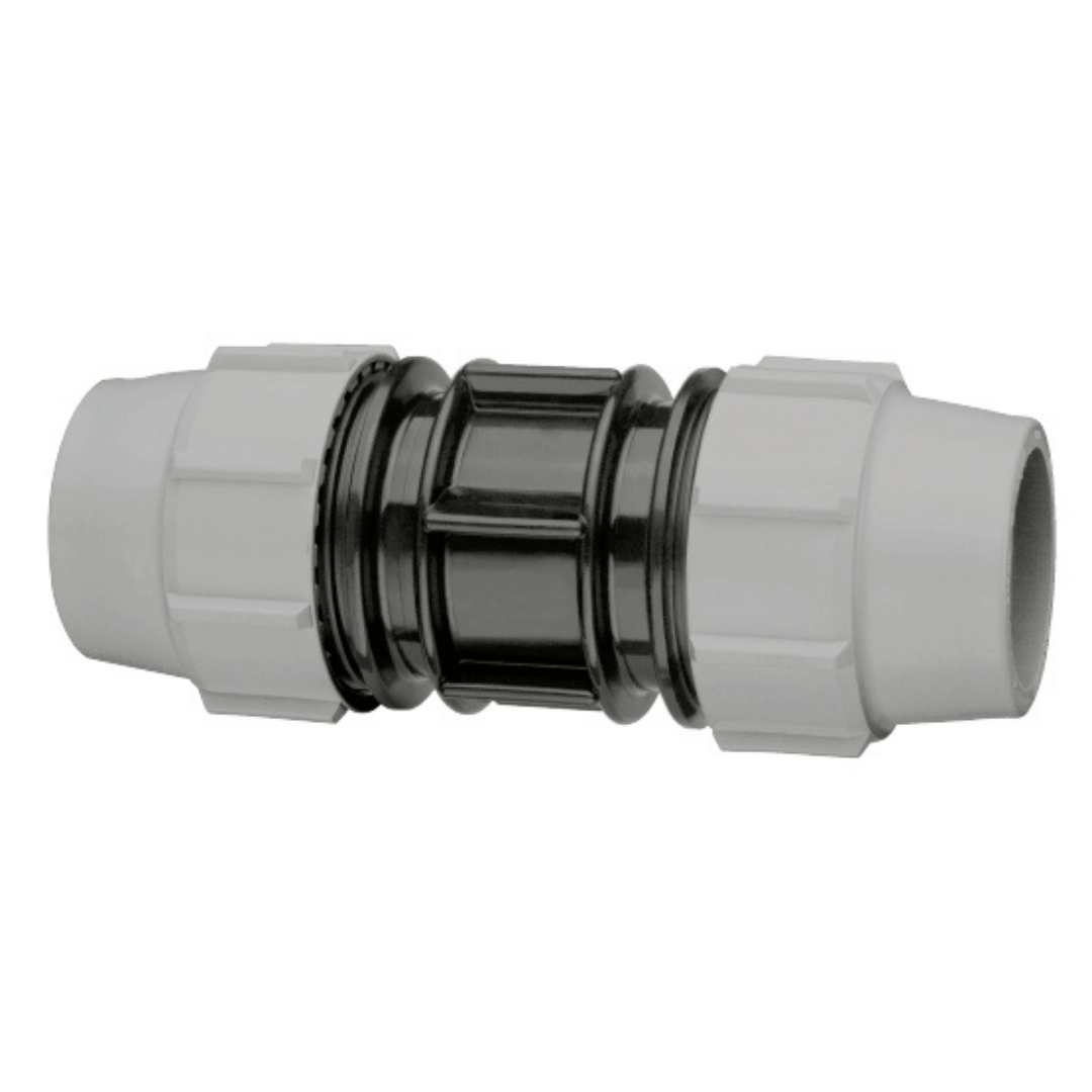 A plastic pipe connector fitting with white end caps and a black ribbed center section, shown on a plain white background.