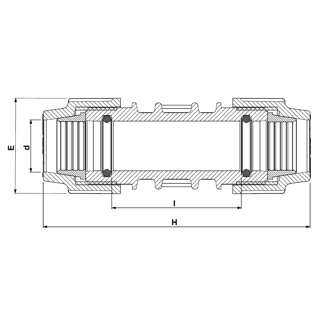 Technical cross-section dimension diagram of a cylindrical mechanical fitting or connector, with labeled dimensions E, d, l, and H on a white background.