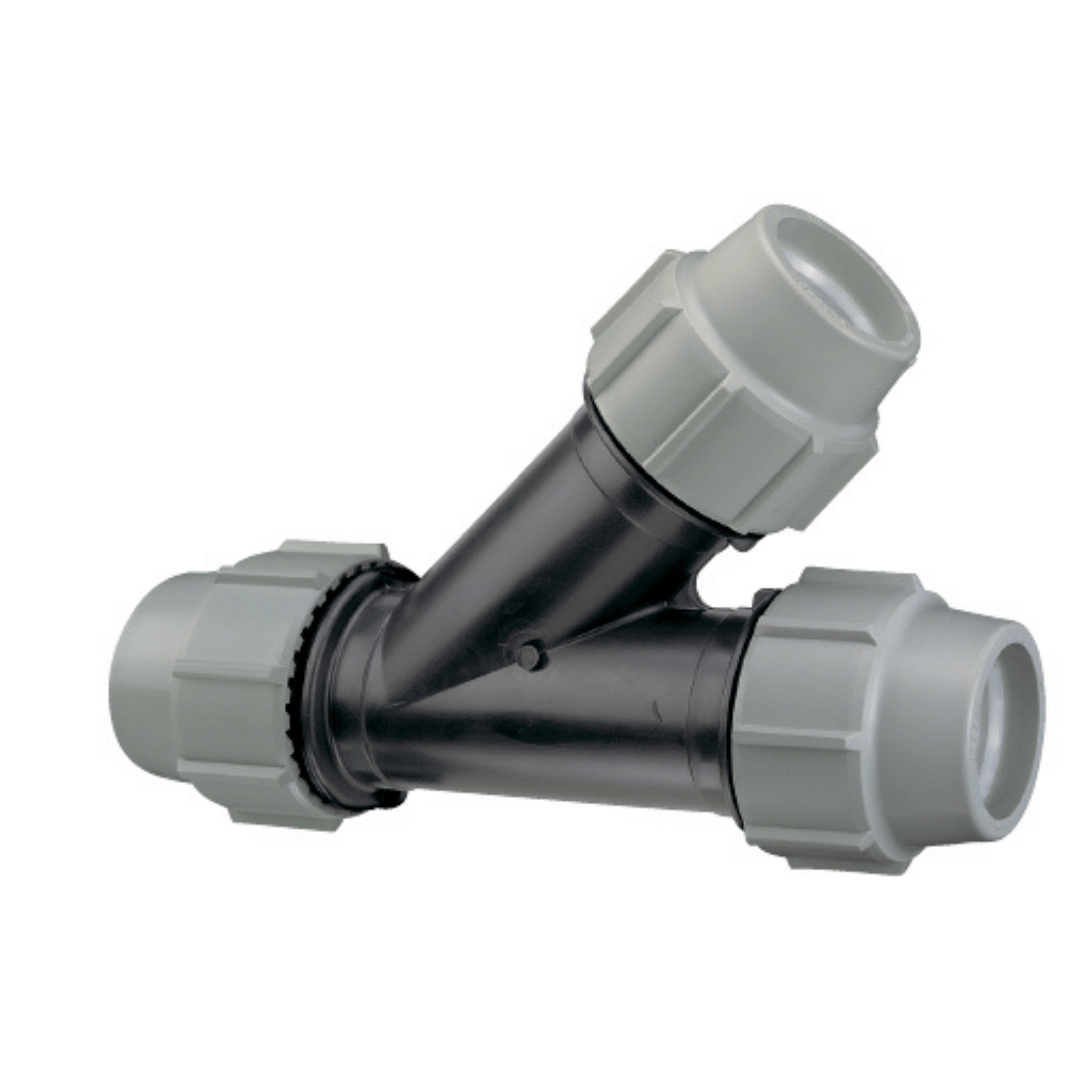 A plastic Y-shaped pipe connector with a black central body and white threaded end caps, shown on a plain white background.