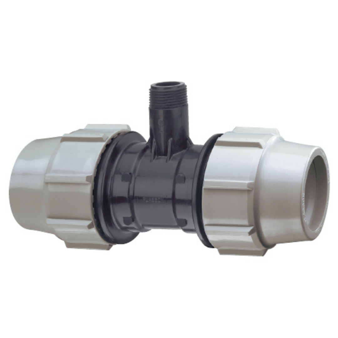 A black plastic cross-shaped pipe fitting with white threaded connectors on each side, shown on a plain white background.