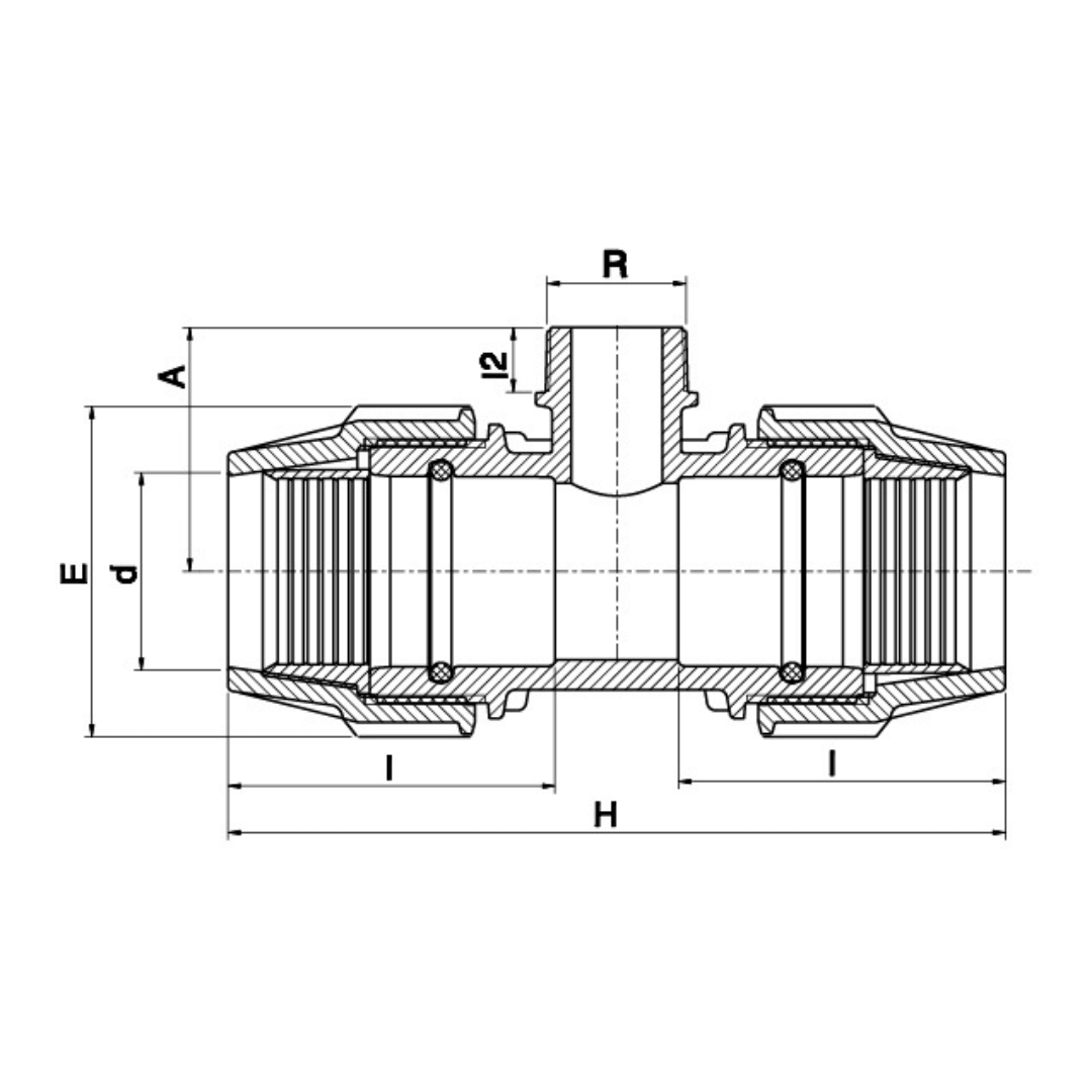 Technical cross-section dimension diagram of a plumbing fitting, showing measurements labeled A, d, E, R, 12, H, and I on a white background.