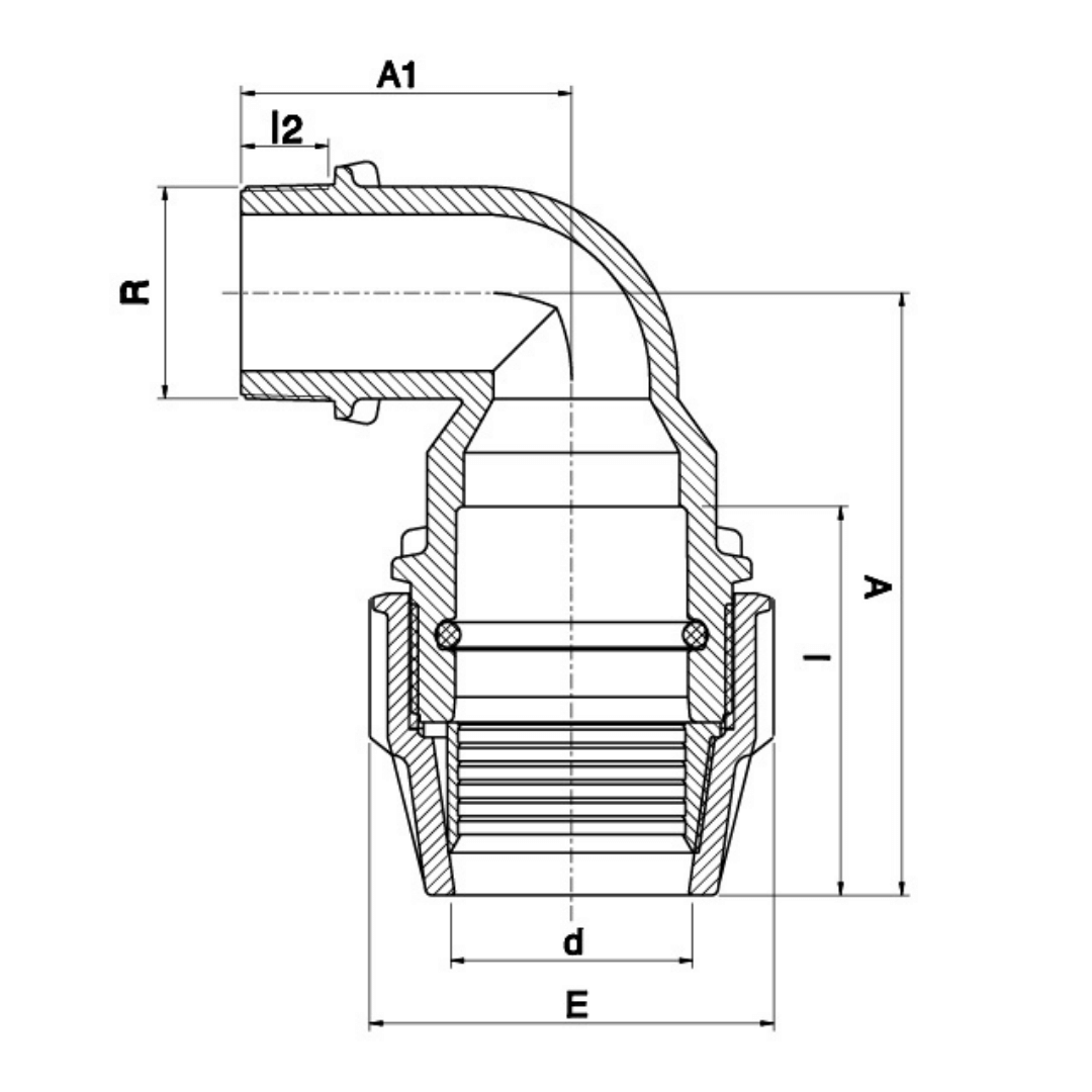 Technical cross-section diagram of an angled electrical connector with labeled dimensions including A1, R, l2, A, l, d, and E on a white background.