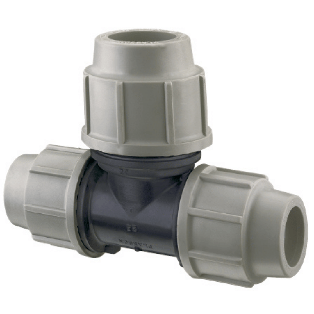 A plastic T-shaped pipe connector with ribbed coupling ends, shown on a plain white background.