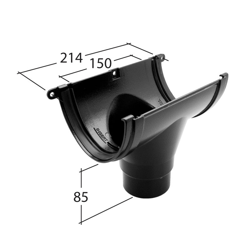 Alutec Evolve gutter running outlet with 76mm downpipe dimensions on screen