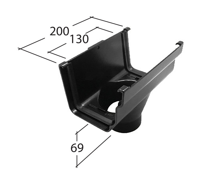 76mm Alutec ogee gutter running outlet with full product dimensions displayed