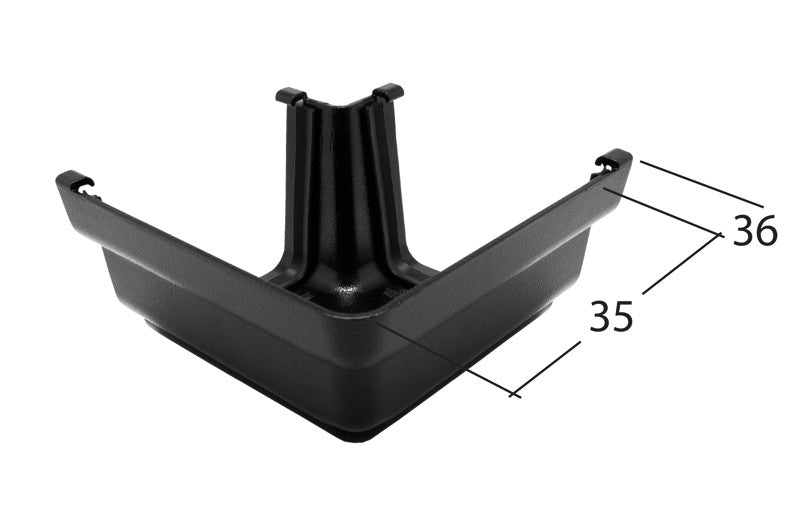 Alutec Evolve 90° external aluminium gutter angle for ogee profile, showing dimensions