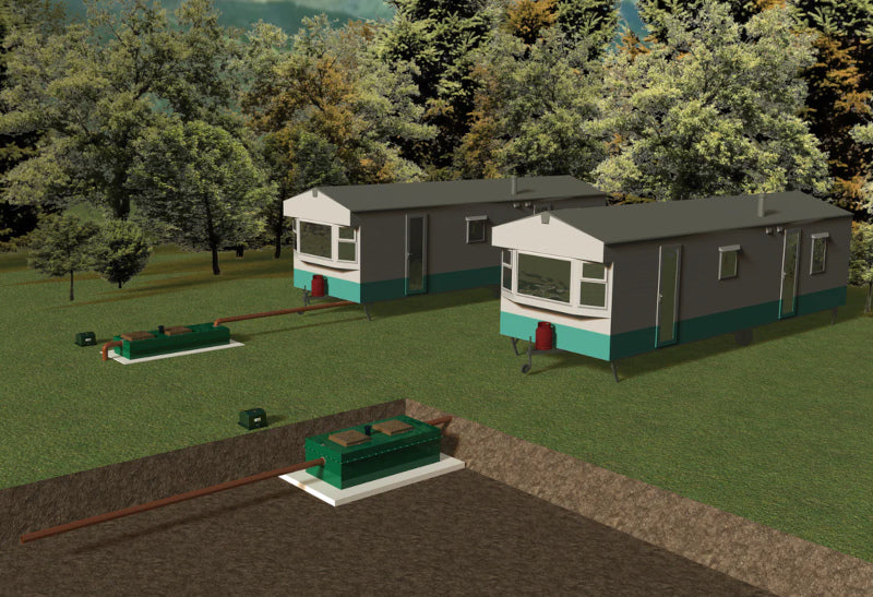 A 3D render of a sewage treatment plant installed next to two caravans.