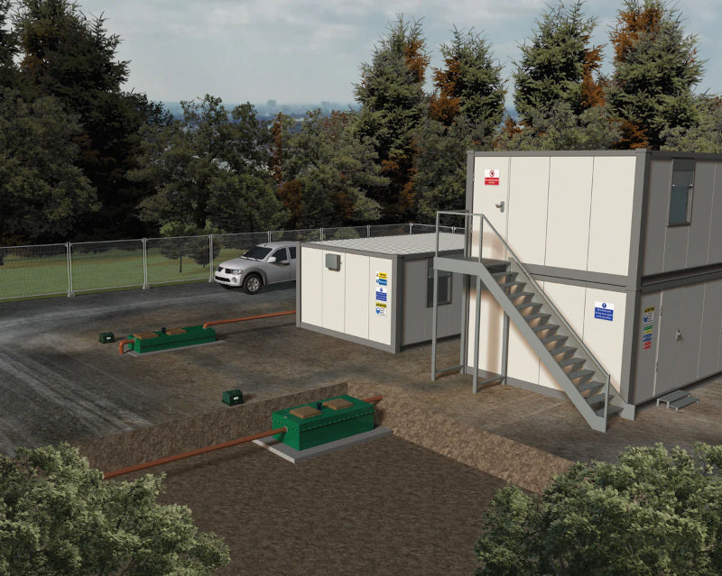 A 3D render of a sewage treatment plant installed next to temporary office buildings.
