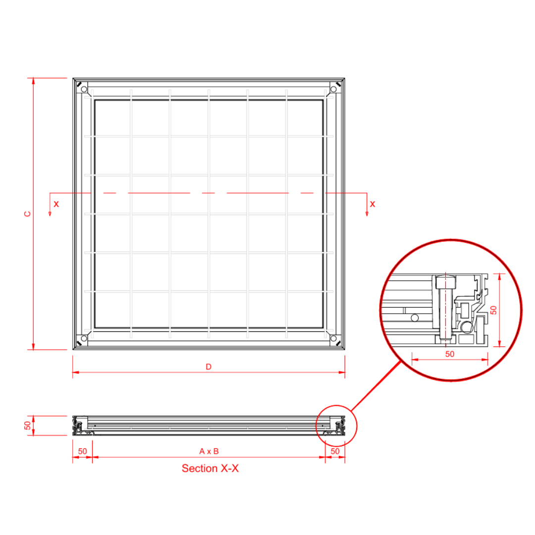 Technical dimension diagram of a square aluminum manhole frame, showing front and side elevations with labeled dimensions C, D, A, B, S, and a circular inset detail of Section X-X.