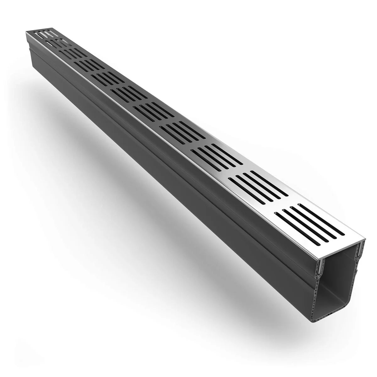 Rectangular metal drain cover on a white background