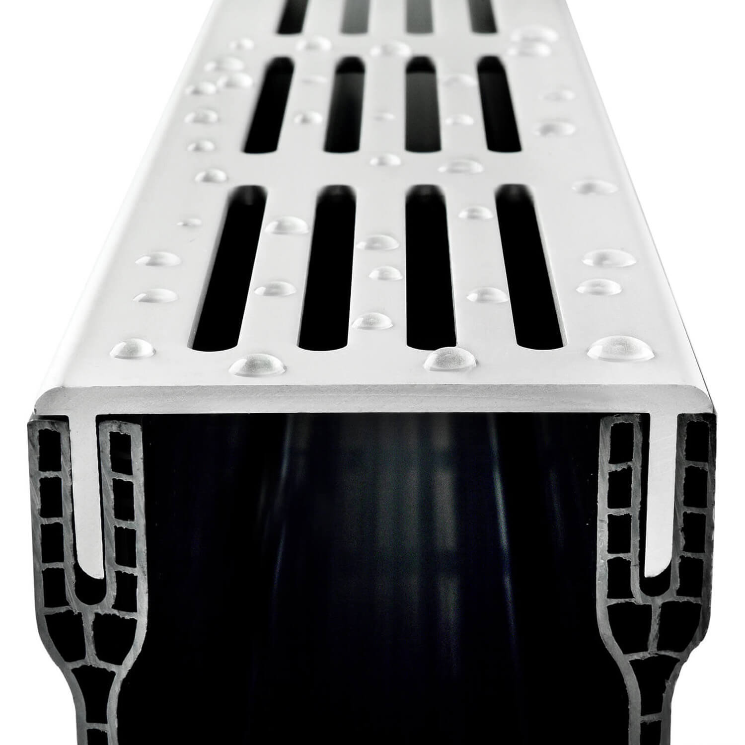Metallic duct with black interior on a white background