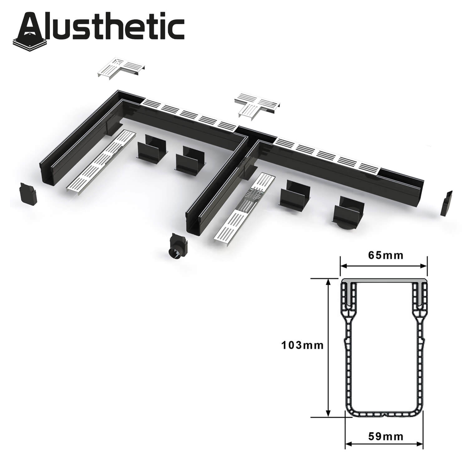 Black metal frame components with dimensions on a white background, branded 'Alusthetic'.