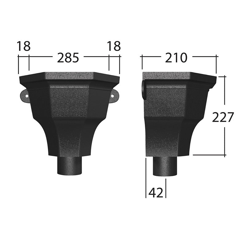 Alutec Traditional 72x72mm fluted aluminium square drainpipe hopper attached to a gutter system