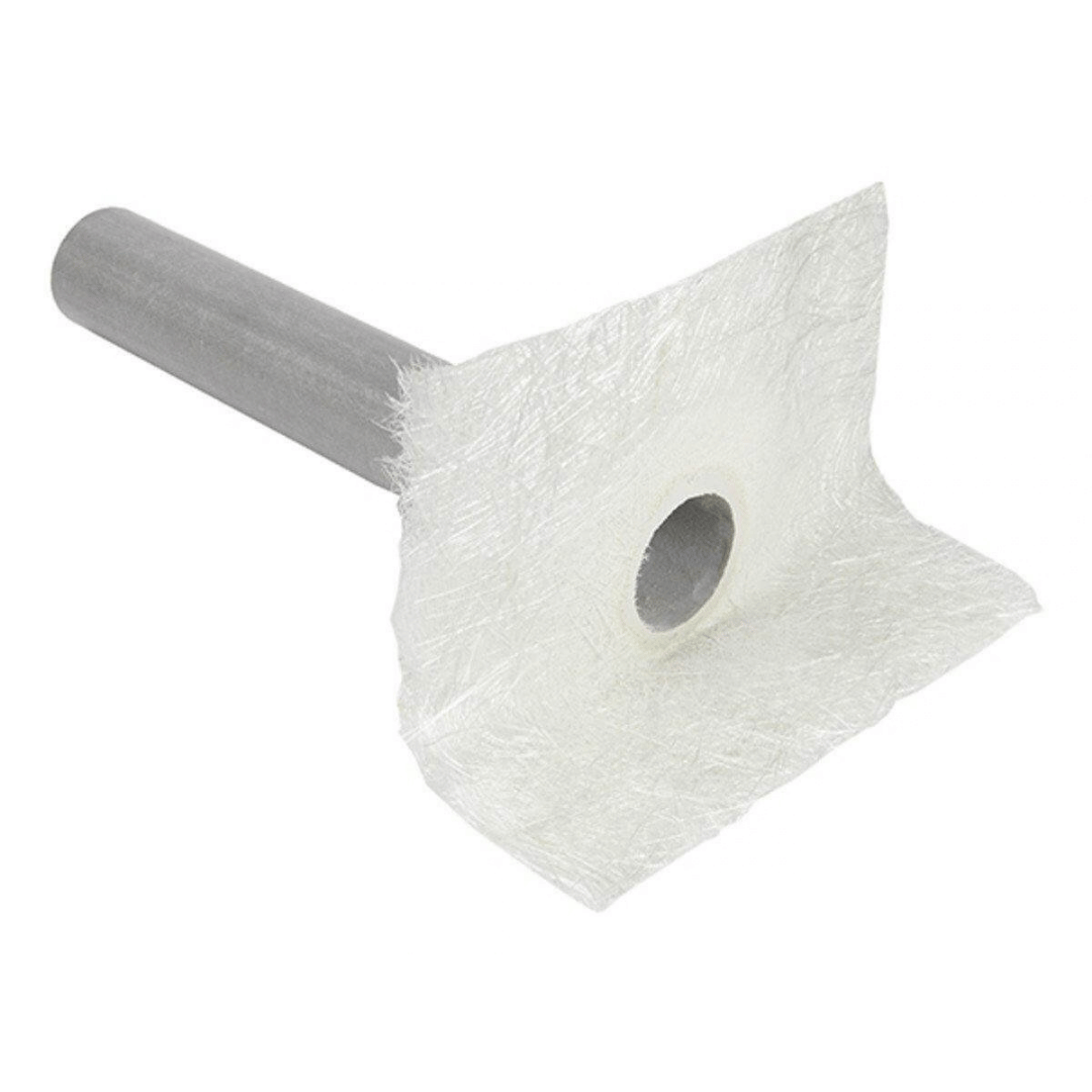 A white pipe fitting with a square white fibrous or mesh-like sleeve wrapped around the opening, shown on a plain white background.