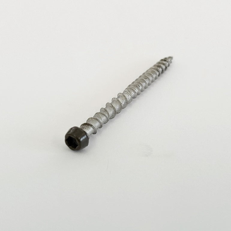 A single antique ash decking screw, colour matched for specific composite boards.