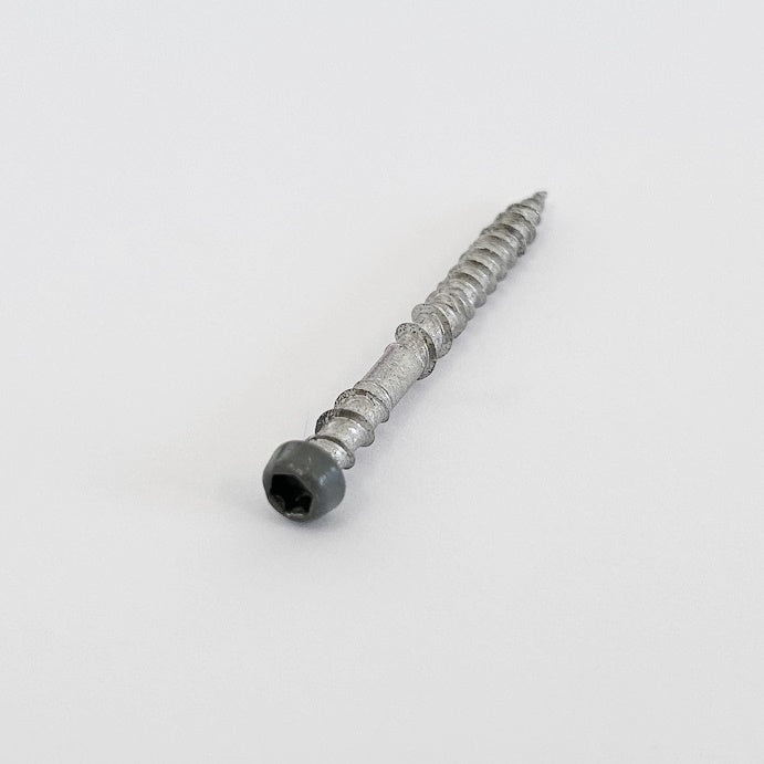 A Salt Lake Silver decking screw, featuring a pale grey head on a white background.