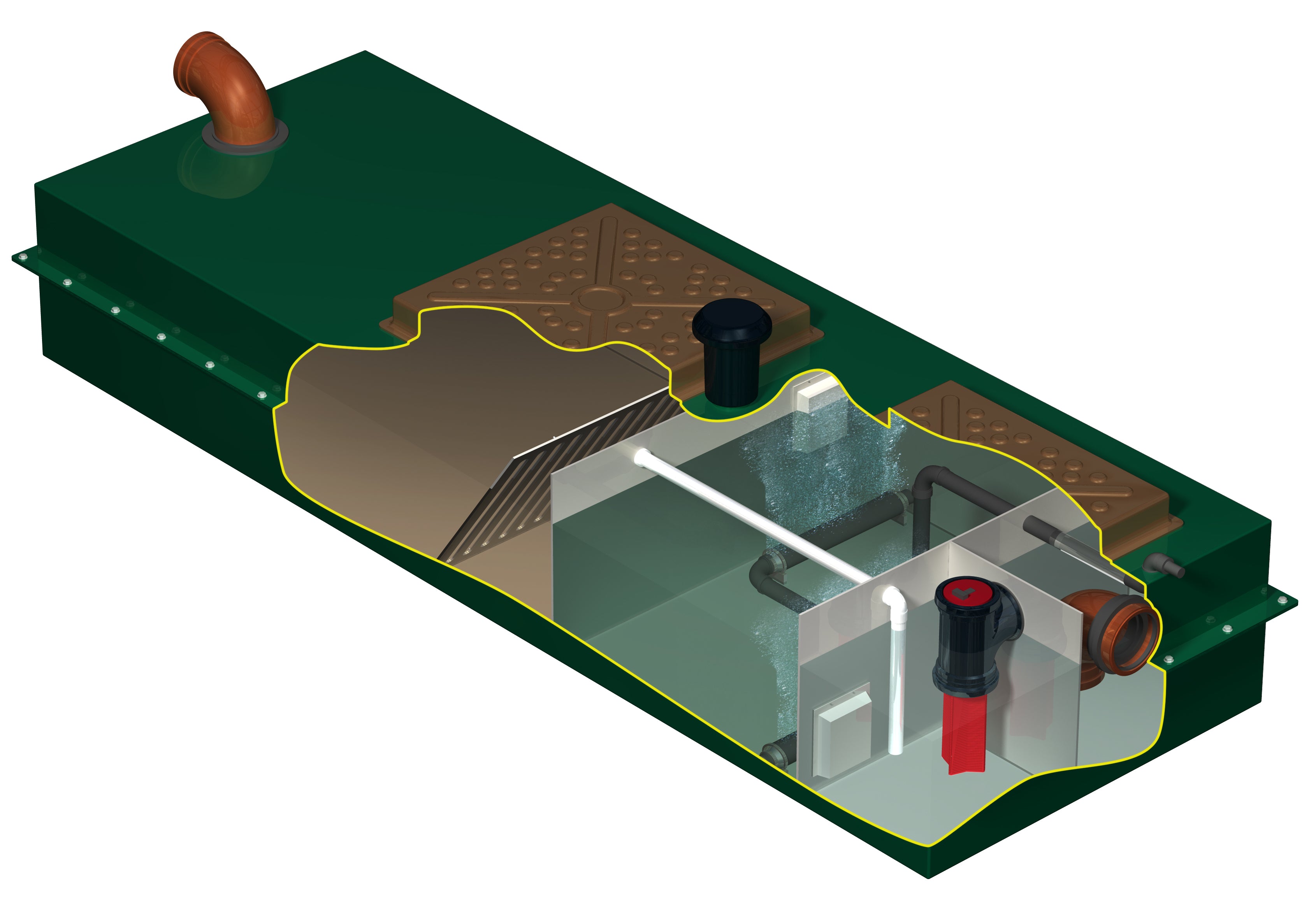 Cutaway of Marsh Portapura 5 person sewage treatment plant displaying simplified internal layout and efficient treatment process.