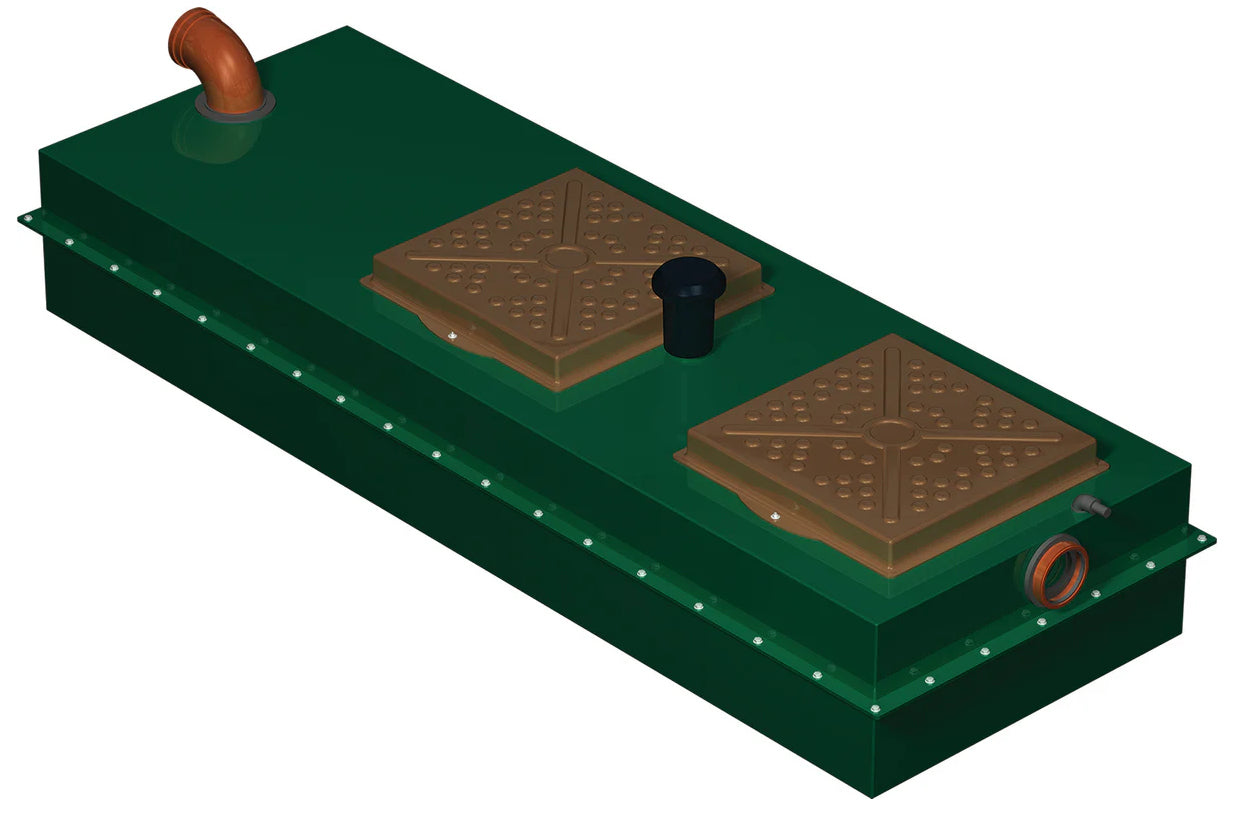A 3D render of a green, rectangular sewage treatment plant with two brown lids and an orange pipe.