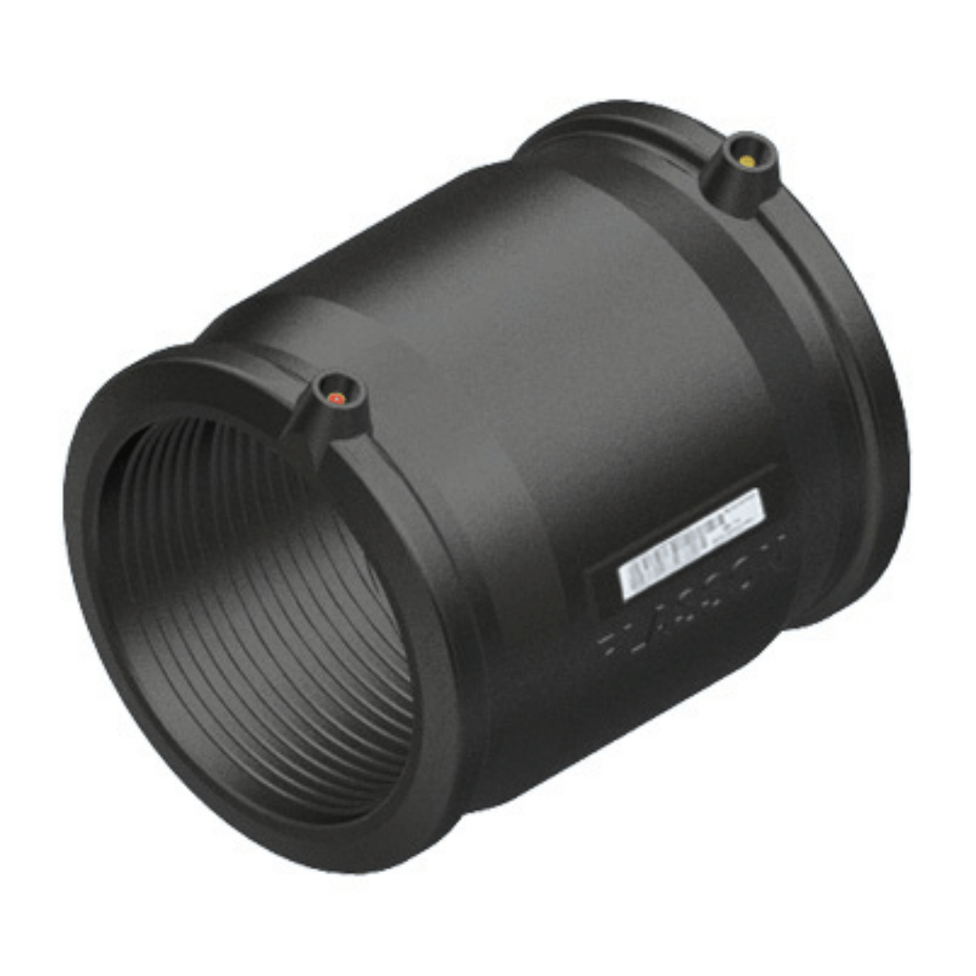 A black plastic threaded pipe connector with two small orange indicator tabs and a white label, shown on a plain white background.