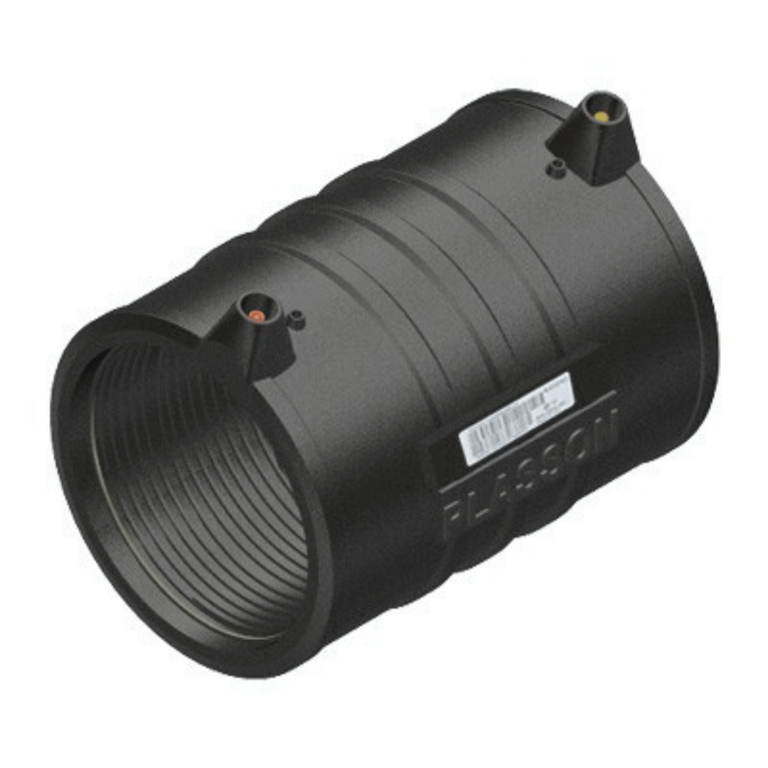 Black cylindrical device with a label on a white background